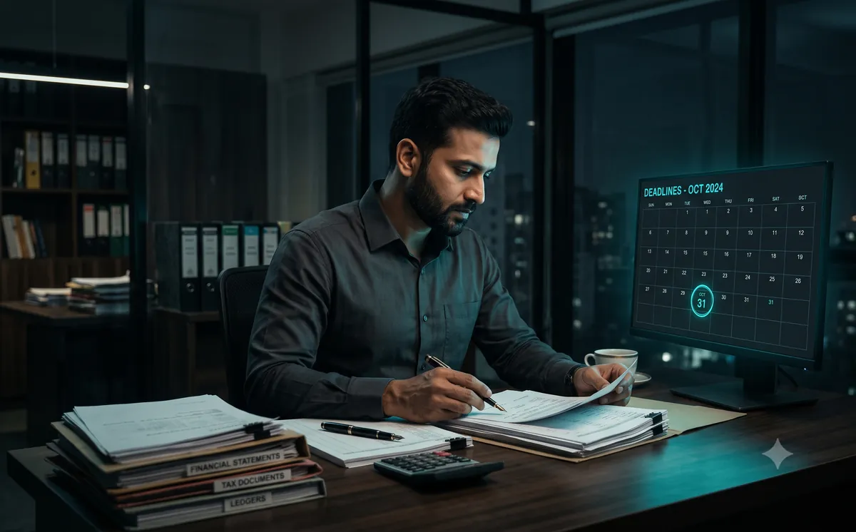 Chartered accountant reviewing client documents and a filing-deadline calendar during GST, TDS and ITR season