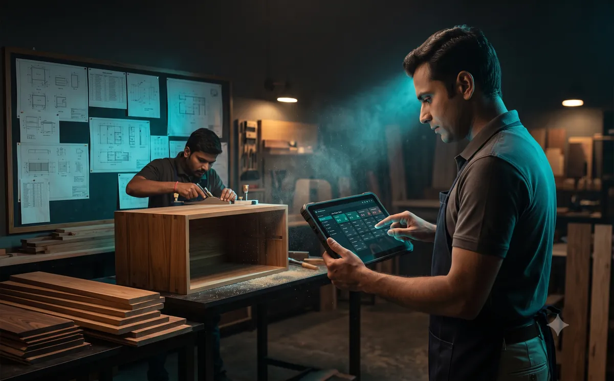 Furniture and interiors contractor checking a job-stage board on a tablet in a workshop with blueprints and fabrication