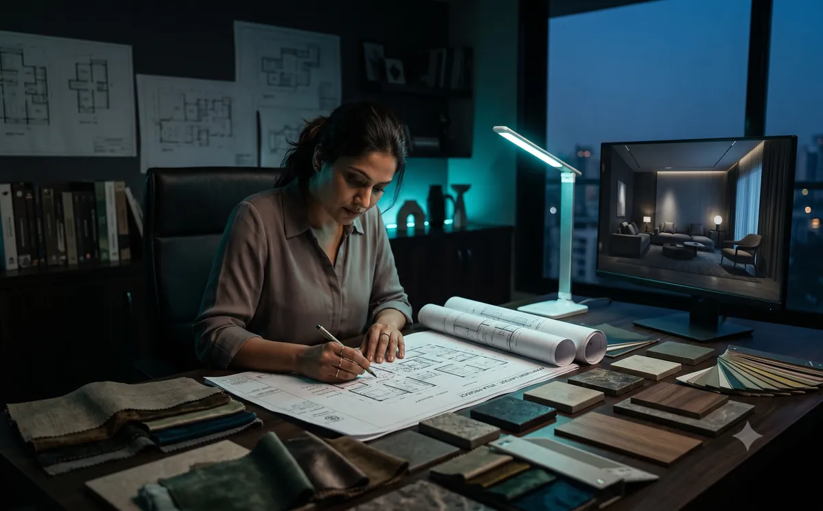 Interior designer reviewing drawings, material swatches and a 3D room render, with sign-offs on the record