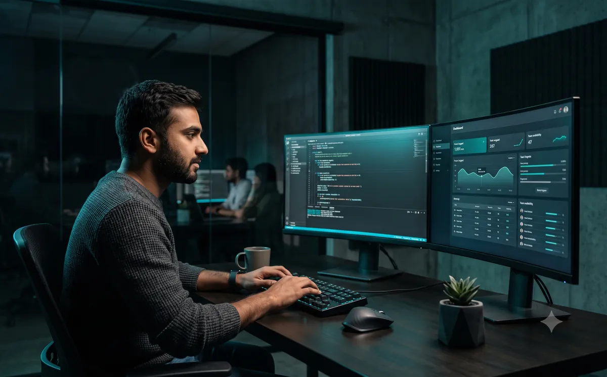 IT & software services engineer tracking billable hours against a project dashboard on teal-lit monitors