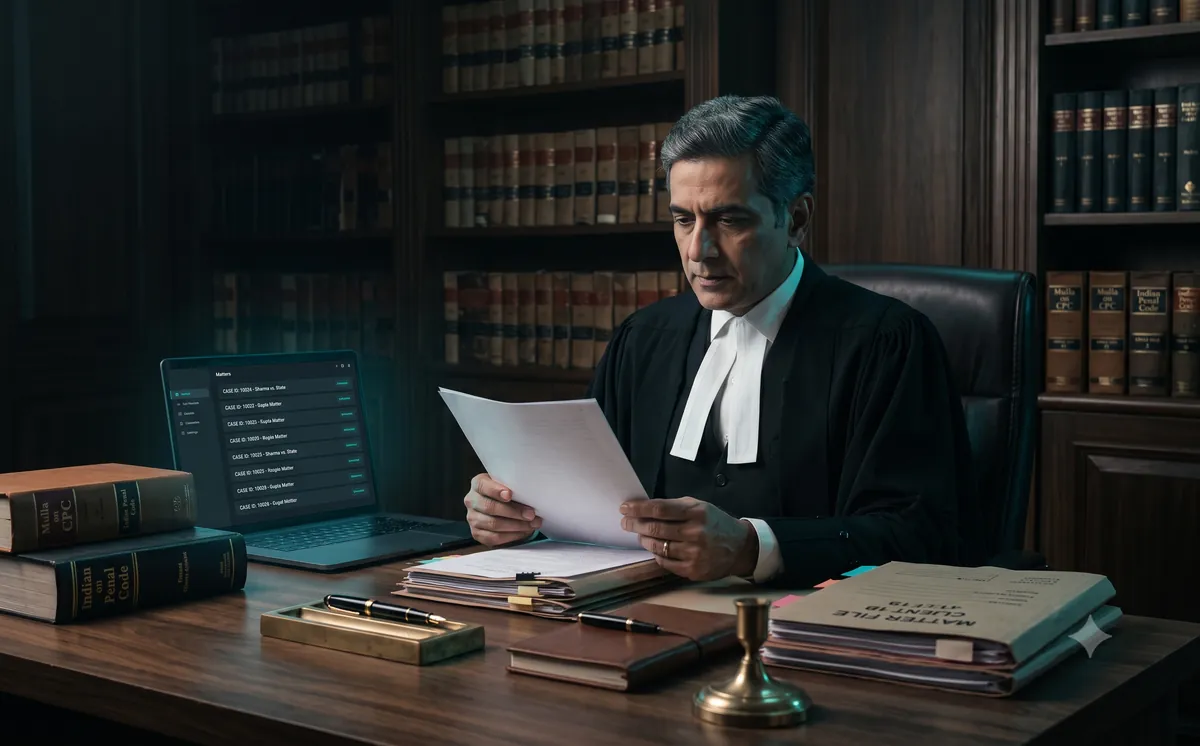 Advocate reviewing matter files, filings and case matters on screen in a law chamber