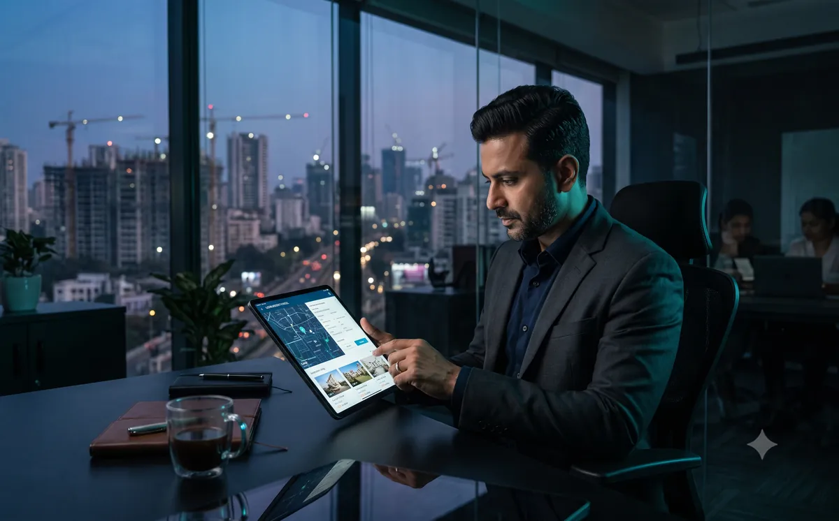 Real estate consultancy reviewing property listings and a site map on a tablet, managing a team of agents
